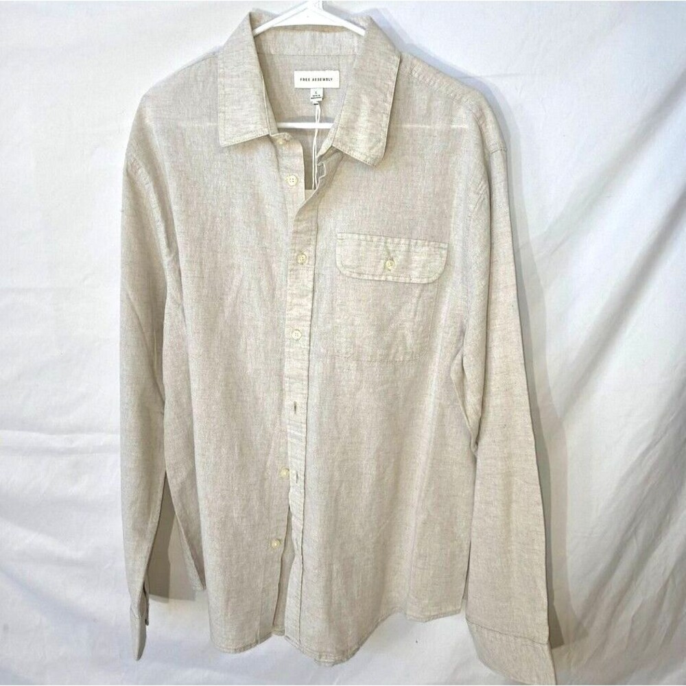 Free Assembly Men's Beige Long Sleeve Button-Up Shirt Size L